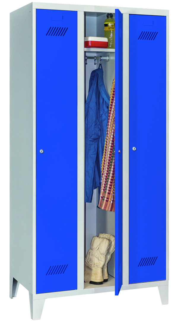 Pavoy Spind mit Füßen 1850 x 900 x 500 mm - 3 Abteile mit Zylinderschloss - RAL 7035 | 5012 Garderobenschrank Stahl Fachbreite 300 mm mit Hutboden und Kleiderstange - Korpus lichtgrau | Türen lichtblau (PA-60201-313-031-735512) Bild-01