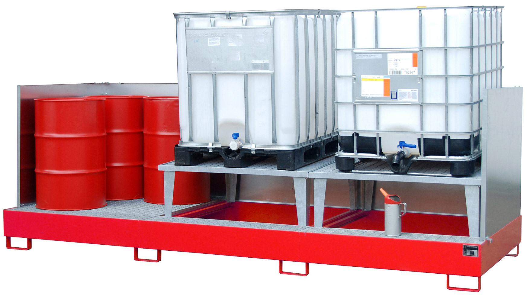 Bauer Auffangwanne Stahl AWA 32|SW - RAL 3000 Gefahrstoffwanne feuerrot pulverbeschichtet mit Abfüllbock, Gitterrost und Spritzschutzwand - Stahlwanne mit 1000 Liter Auffangvolumen (BA-4402-82-2000-2) Bild-01