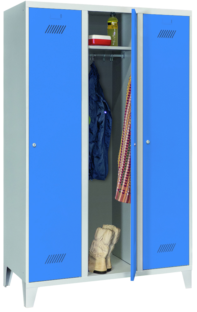 Pavoy Spind mit Füßen 1850 x 1200 x 500 mm - 3 Abteile mit Zylinderschloss - RAL 7035 | 5012 Garderobenschrank Stahl Fachbreite 400 mm mit Hutboden und Kleiderstange - Korpus lichtgrau | Türen lichtblau (PA-60201-314-031-735512) Bild-01