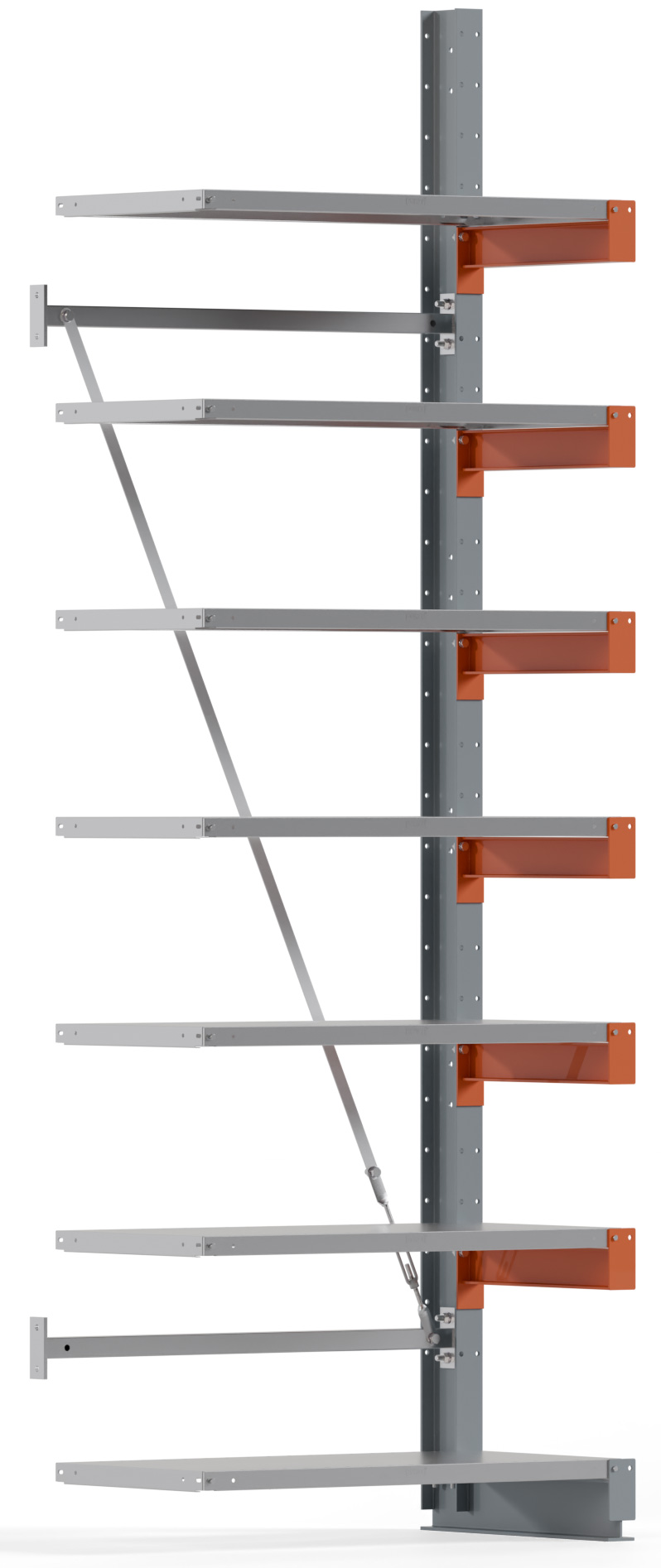 Regalwerk KARL BASIC 1850 Kragarmregal Stahlboden einseitig Anbaufeld 3000 x 1000 x 500 mm Lagerregal mit Kragarmlast 870 kg | Ständerlast 1850 kg - 7 Ebenen mit Fachböden | Kragarme frei verstellbar (RW-B6-54301-50) Bild-01
