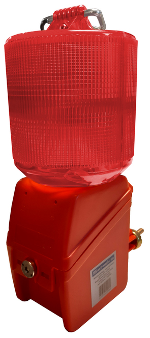 Schake Bauzaun-Warnleuchte WL8 - Rote Optik Warnlampe 360° Linse für Mobilzäune mit Bügelbefestigung (SK-31210R) Bild-01