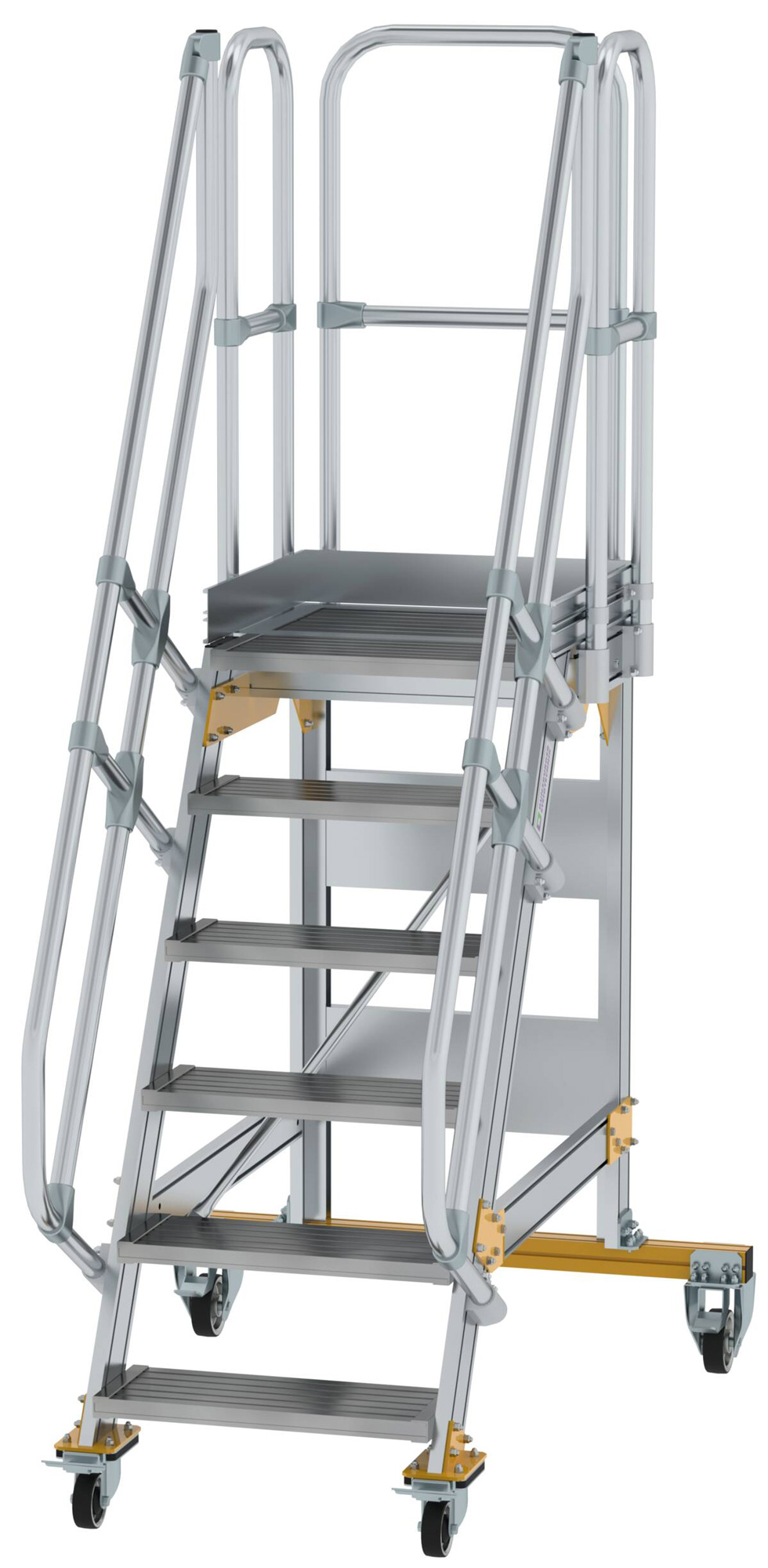 Günzburger Podesttreppe fahrbar 60° 6 Stufen - 600 mm breit Alutreppe fahrbar mit Umlaufgeländer - Stufenausführung Alu gerieft (GB-600706) Bild-01