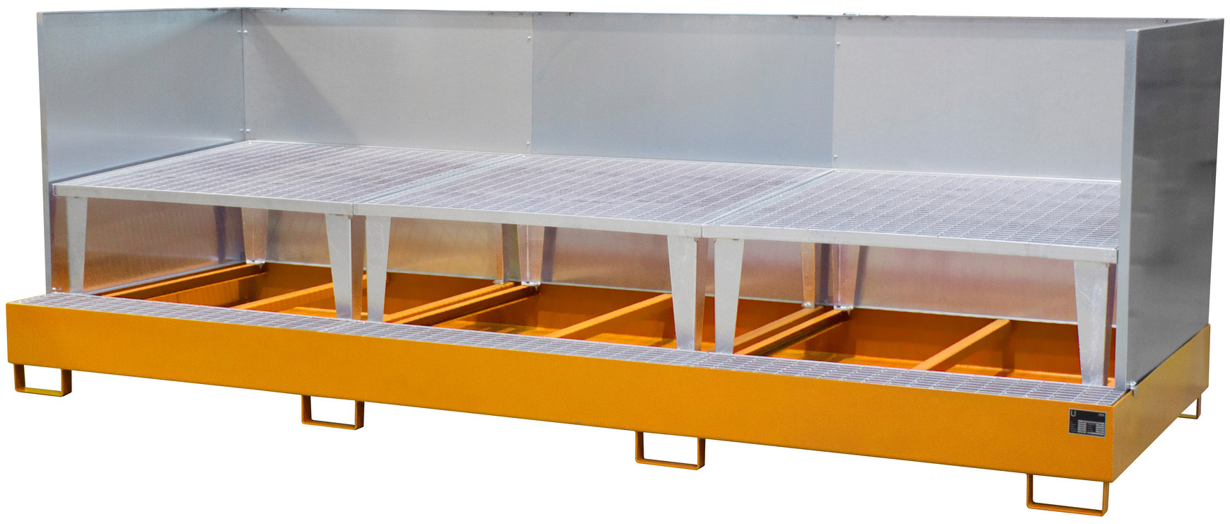 Bauer Auffangwanne Stahl AWA 1000-3|SW - RAL 2000 Gefahrstoffwanne gelborange pulverbeschichtet mit Abfüllbock und Spritzschutzwand - Stahlwanne mit 1000 Liter Auffangvolumen (BA-4518-20-2000-1) Bild-01