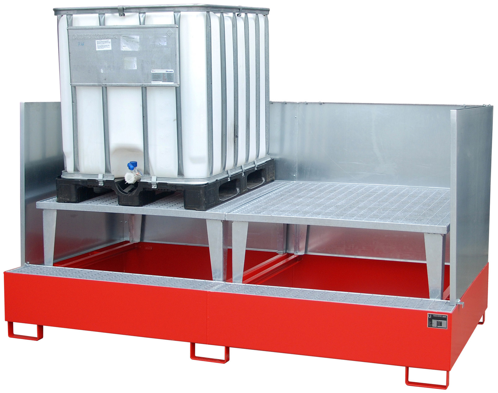 Bauer Auffangwanne Stahl AWA 1000-2|SW - RAL 3000 Gefahrstoffwanne feuerrot pulverbeschichtet mit Abfüllbock und Spritzschutzwand - Stahlwanne mit 1000 Liter Auffangvolumen (BA-4402-78-2000-2) Bild-01