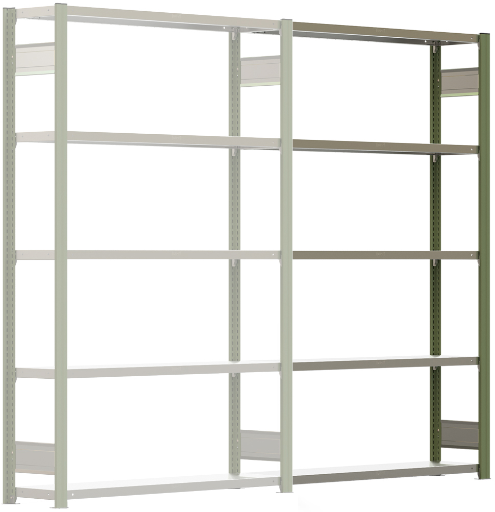 Regalwerk BERT Lagerregal 150|5 Anbaufeld 2000 x 1285 x 300 mm - RAL 6011 Regal mit Kreuzdiagonalen - Fachlast 150 kg - 5 Stahlfachböden verzinkt | Regalrahmen resedagrün pulverbeschichtet (RW-B3-43132-30-RG) Bild-01