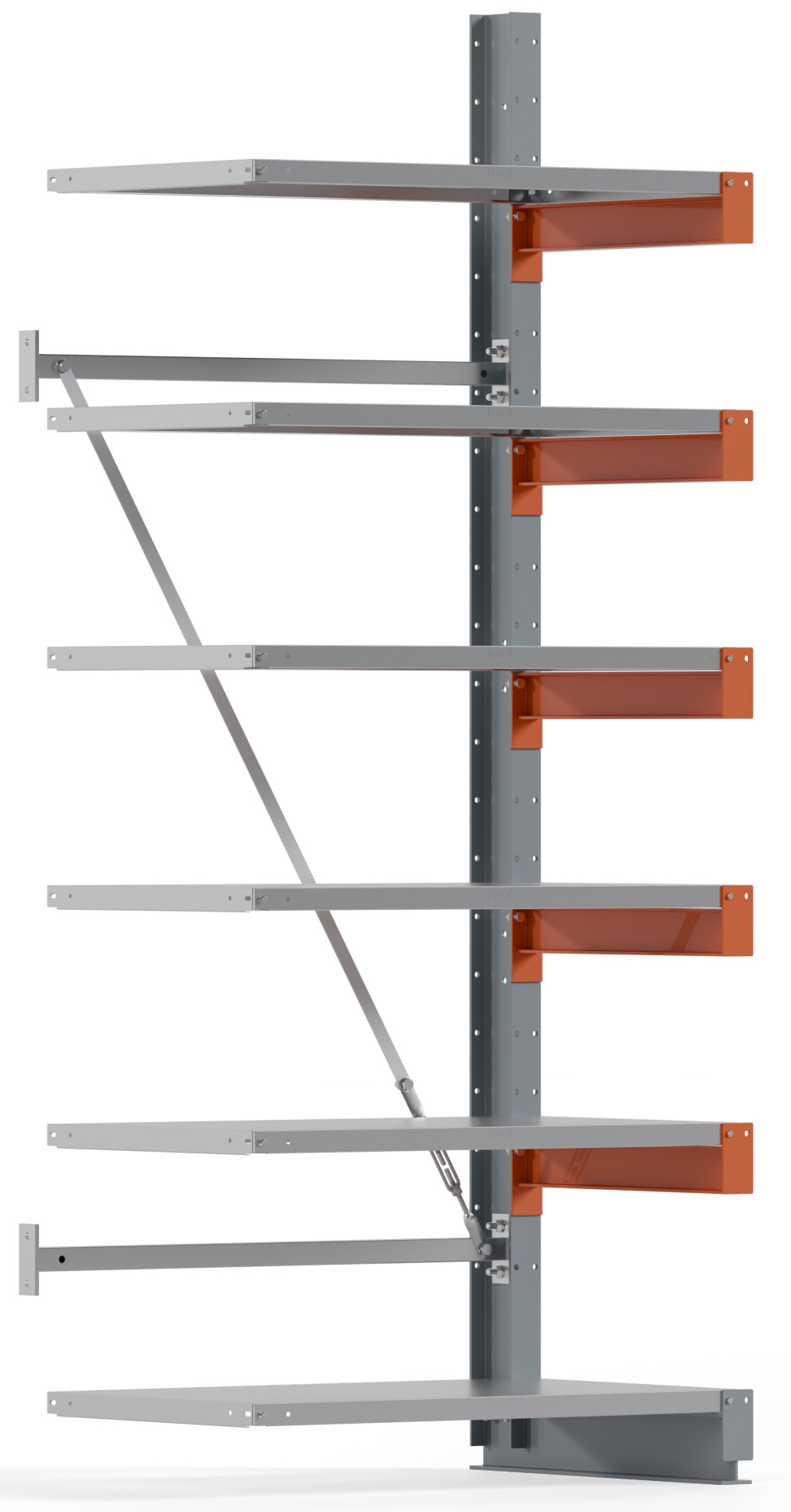 Regalwerk KARL BASIC 1750 Kragarmregal Stahlboden einseitig Anbaufeld 2500 x 1000 x 600 mm Lagerregal mit Kragarmlast 730 kg | Ständerlast 1750 kg - 6 Ebenen mit Fachböden | Kragarme frei verstellbar (RW-B6-54201-60) Bild-01