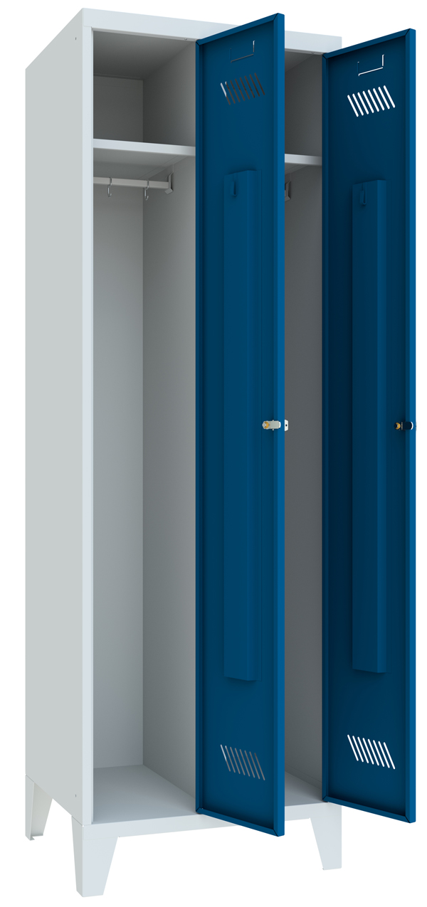 Pavoy Spind mit Füßen 1850 x 600 x 500 mm - 2 Abteile mit Zylinderschloss - RAL 7035 | 5010 Garderobenschrank Stahl Fachbreite 300 mm mit Hutboden und Kleiderstange - Korpus lichtgrau | Türen enzianblau (PA-60201-213-031-735510) Bild-01