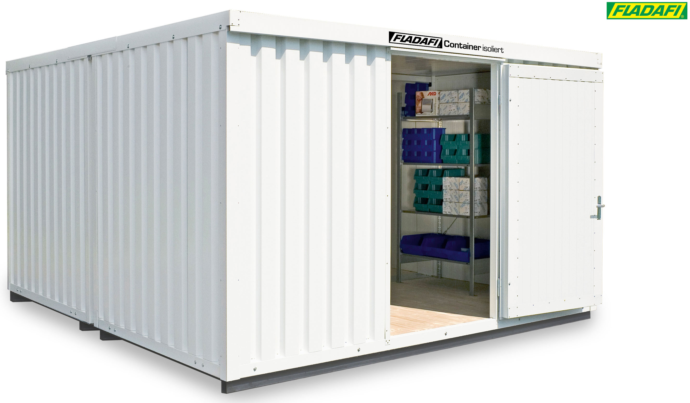 FLADAFI Thermocontainer Kombination 4050 x 4340 x 2465 mm mit isoliertem Boden - 1-flügelige Tür auf 4 m Seite Container isoliert IC Pro 1440 mit Tür 1180 x 2090 mm - Materialcontainer 16 m² - Lagercontainer teilmontiert (SB-F2222410101) Bild-01