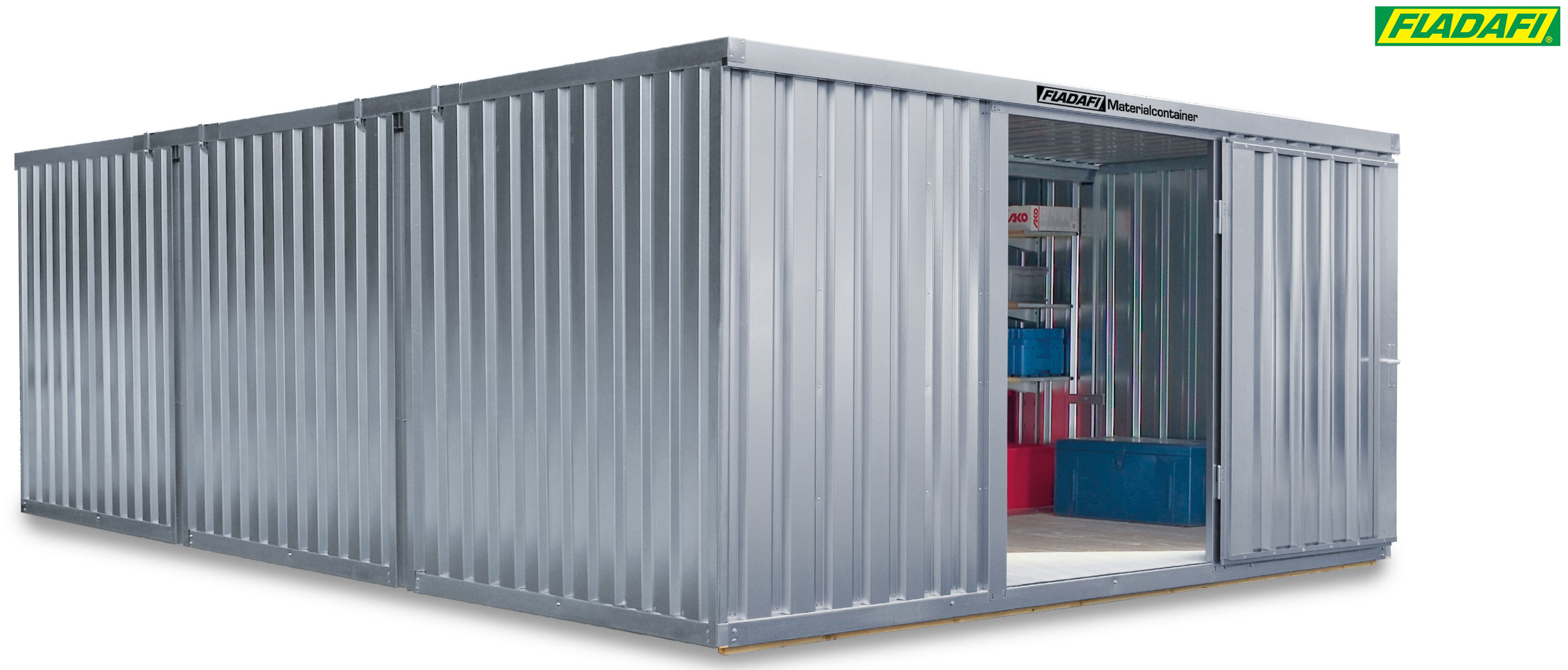 FLADAFI Materialcontainer Kombination 4050 x 6520 x 2150 mm mit Holzboden - 1-flügelige Tür auf 4 m Seite Container MC 1460 mit Tür 1270 x 1890 mm - Container Kombi 25 m² - Lagercontainer unmontiert (SB-F14600101) Bild-01