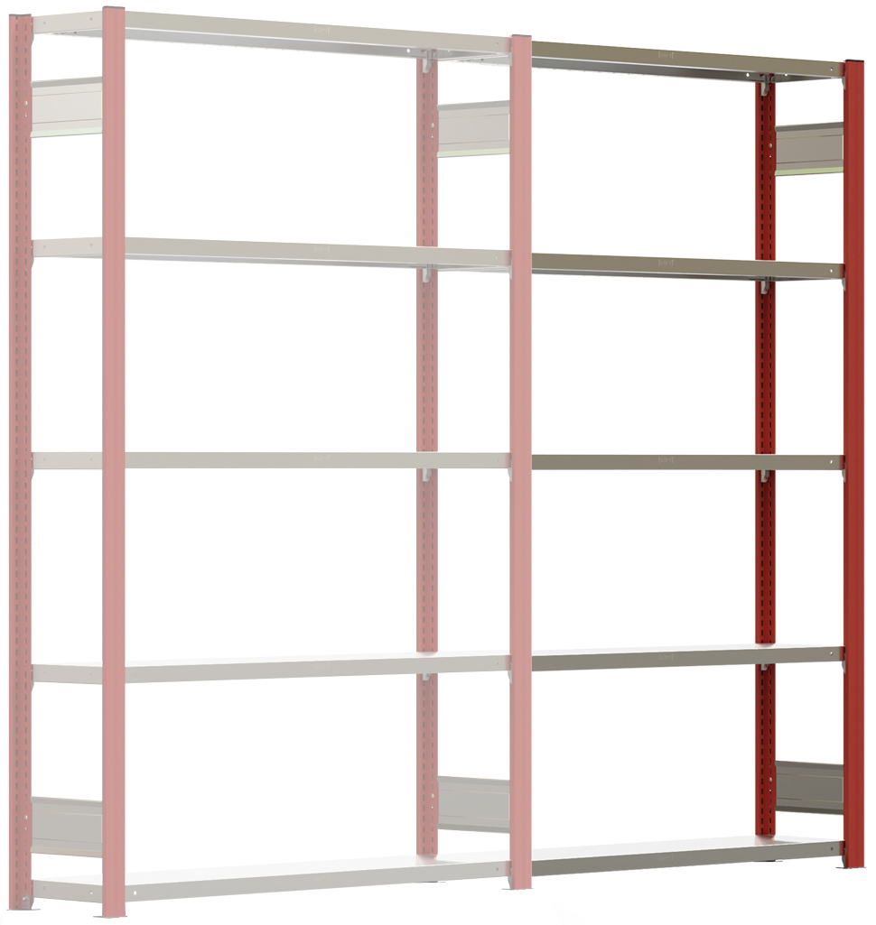 Regalwerk BERT Lagerregal 150|5 Anbaufeld 2000 x 1285 x 300 mm - RAL 3000 Regal mit Kreuzdiagonalen - Fachlast 150 kg - 5 Stahlfachböden verzinkt | Regalrahmen feuerrot pulverbeschichtet (RW-B3-43132-30-FR) Bild-01