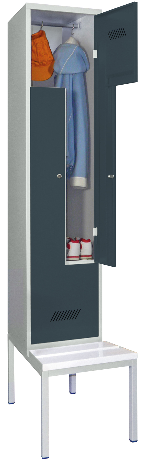 Pavoy Z-Spind mit Sitzbank PVC weiß 2150 x 400 x 500 mm - 2 Abteile mit Zylinderschloss - RAL 7035 | 7016 Garderobenschrank Z-Form Stahl Fachbreite 200 mm mit Hutboden und Kleiderstange - Korpus lichtgrau | Türen anthrazitgrau | Sitzbank Kunststoffleiste 