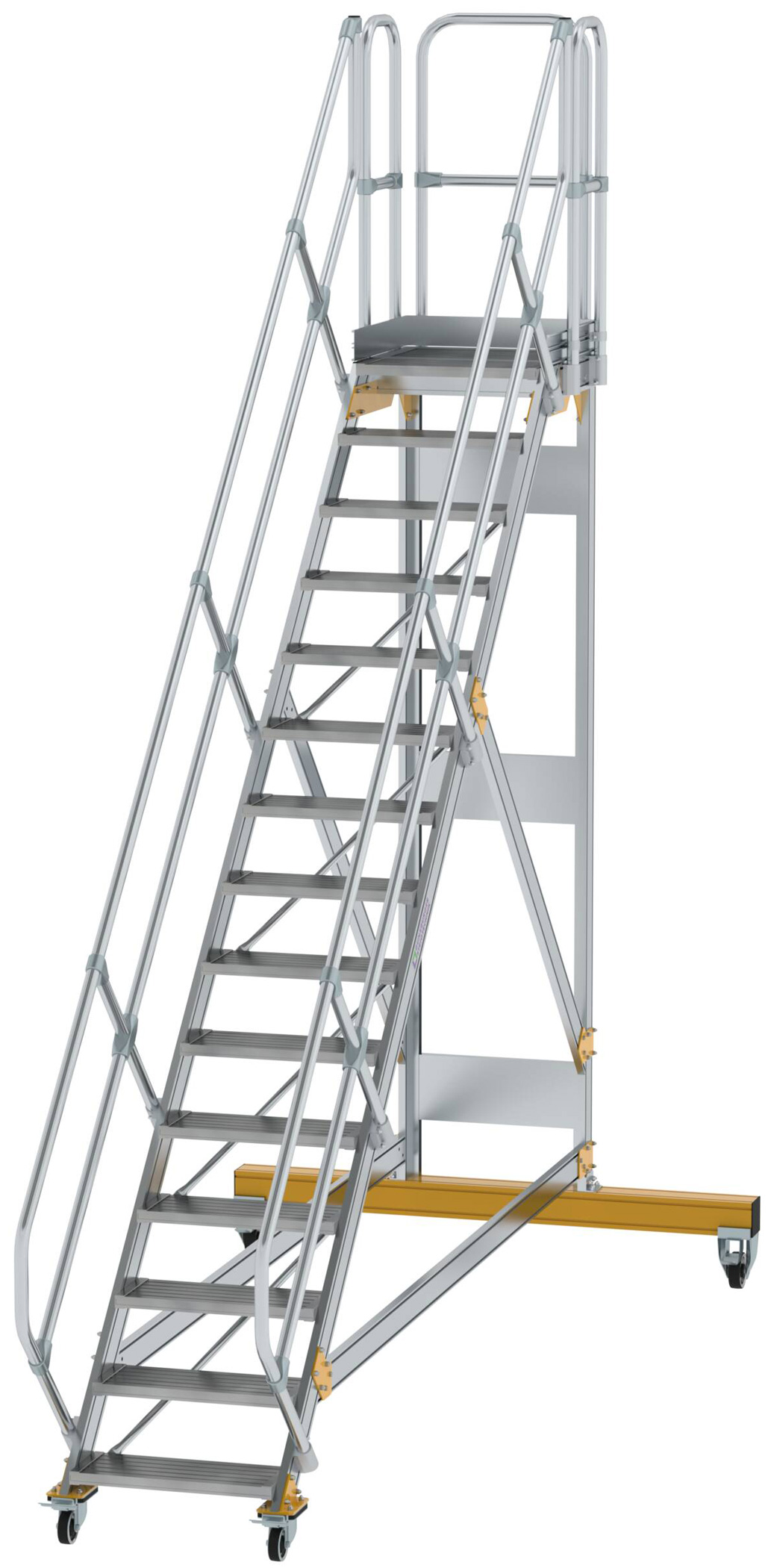 Günzburger Podesttreppe fahrbar 45° 15 Stufen - 600 mm breit Alutreppe fahrbar mit Umlaufgeländer - Stufenausführung Alu gerieft (GB-600775) Bild-01