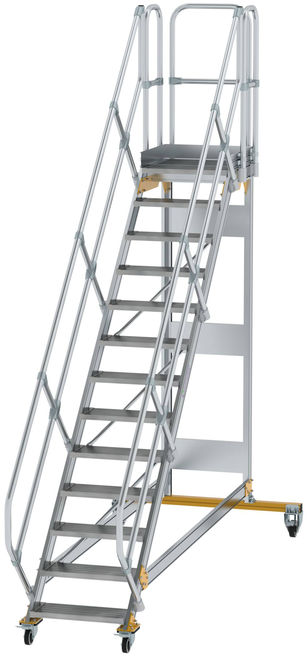 Günzburger Podesttreppe fahrbar 45° 13 Stufen - 600 mm breit Alutreppe fahrbar mit Umlaufgeländer - Stufenausführung Alu gerieft (GB-600773) Bild-01