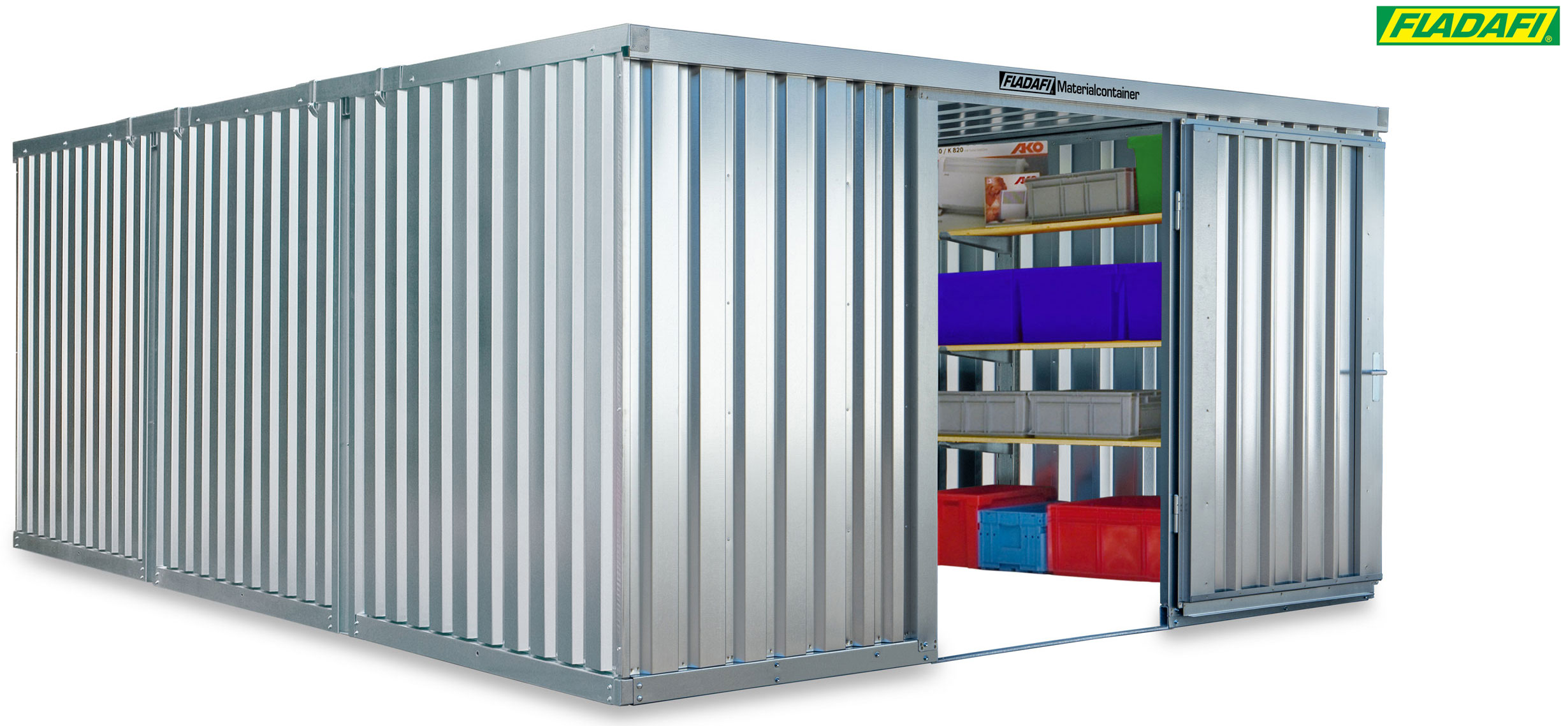 FLADAFI Materialcontainer Kombination 4050 x 6520 x 2150 mm ohne Holzboden - 1-flügelige Tür auf 4 m Seite Container MC 1460 mit Tür 1270 x 1890 mm - Container Kombi 25 m² - Lagercontainer unmontiert (SB-F14630101) Bild-01