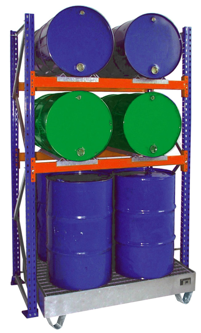 Bauer Fassregal Stahl Serie 3010 Grundfeld 2500 x 1510 x 800 mm - 2E|AWGR 200 Gefahrstoffregal pulverbeschichtet - Lagerung 4 x 200 l stehend und 4 x 200 l Fass liegend - Auffangwanne verzinkt mit Gitterrost (BA-4473-09-0000-7) Bild-01