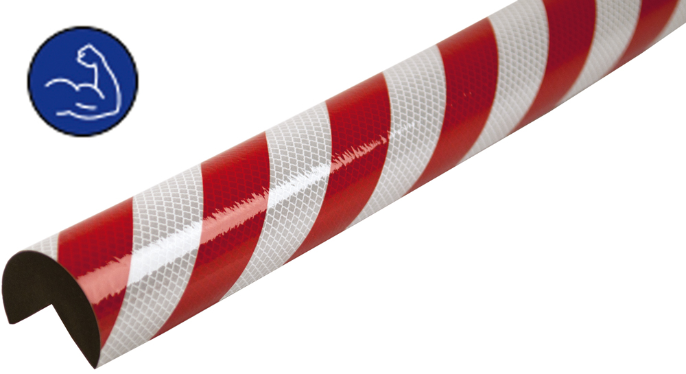 Knuffi Eckschutzprofil Typ A+ Ø 60 mm rot | weiß PU - 1,00 m reflective Extra Strong Warnschutz Profil Rundprofil mit Winkelaussparung aus Polyurethan - Eckprofil gestreift reflektierend | temperaturbeständig | mit selbstklebenden Kanten (SM-PAR-11720) Bi