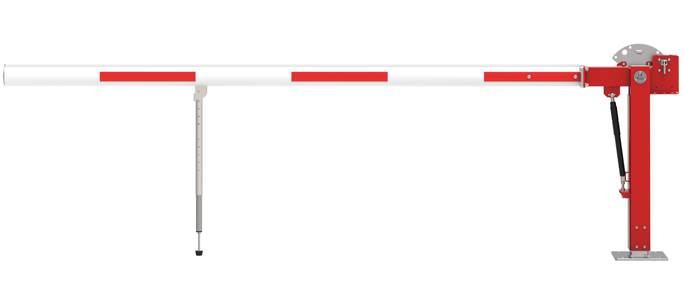 Mannus Schranke WES 350 rot | weiß mit Gasdruckfeder und Pendelstütze 3,00 m - mit Vorhangschloss Schlagbaum oval 102 x 82 mm ortsfest zum Aufdübeln - Pfosten Stahl | Sperrbalken Alu (MA-3-350-3000-0002-PF) Bild-01