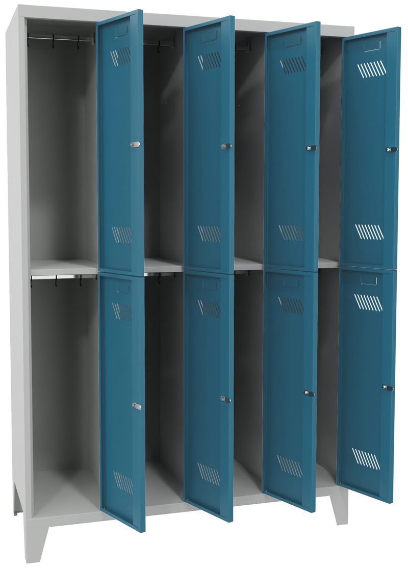 Pavoy Schließfach Spind mit Füßen 1850 x 1200 x 500 mm - 8 Abteile mit Zylinderschloss - RAL 7035 | 5012 Schließfach Schrank Stahl Fachbreite 300 mm mit Kleiderstange - Korpus lichtgrau | Türen lichtblau (PA-60260-423-031-735512) Bild-01