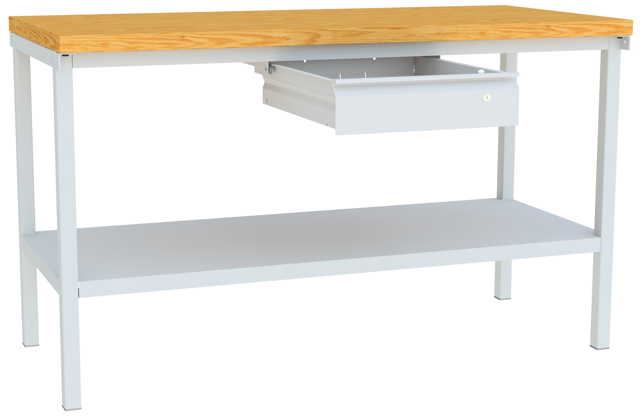 Pavoy Werktisch Modell 582 - 1500 x 700 x 900 mm | mit Ablageboden und 1 Schublade - RAL 7035 Werkbank Stahl mit Multiplexplatte 40 mm | Traglast 1500 kg - Gestell lichtgrau  (PA-58582-150-000-735) Bild-01