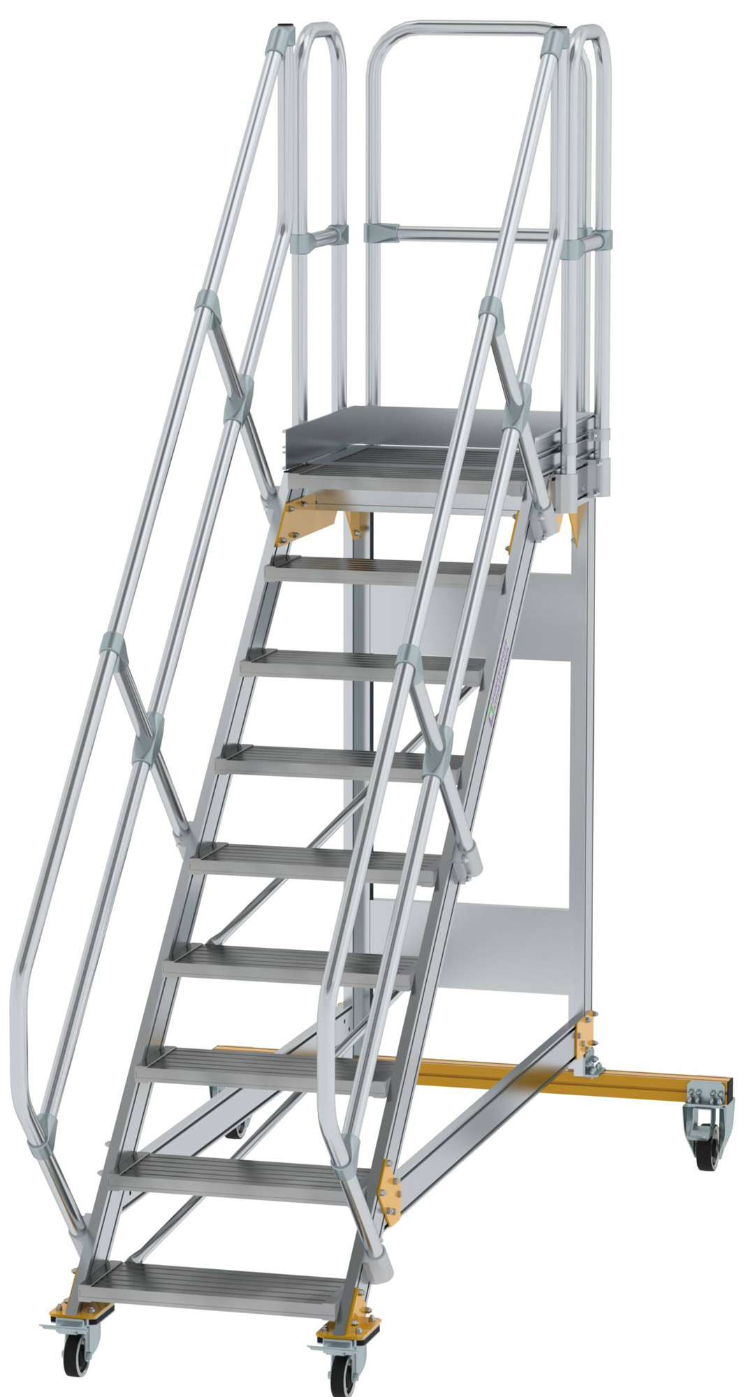Günzburger Podesttreppe fahrbar 45° 9 Stufen - 600 mm breit Alutreppe fahrbar mit Umlaufgeländer - Stufenausführung Alu gerieft (GB-600769) Bild-01