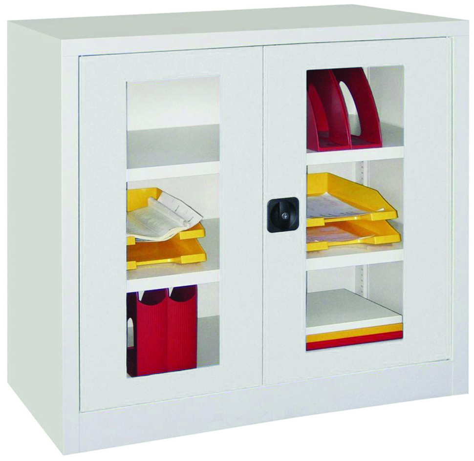 Pavoy Flügeltürenschrank mit Sichtfenstertüren 1000 x 1000 x 400 mm - 2 Fachböden pulverbeschichtet - RAL 7035 Stahlschrank mit Fachböden 983 x 365 mm - Korpus lichtgrau | Türen lichtgrau | Böden lichtgrau (PA-31309-100-491-735) Bild-01