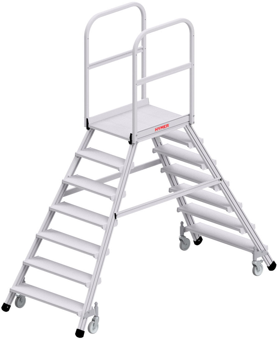 Hymer Podesttreppe fahrbar - 2x7 Stufen Treppe beidseitig begehbar - Plattform 600 x 800 mm | mit Podestgeländer beidseitig - nach DIN EN 131-7 (HY-618907) Bild-01