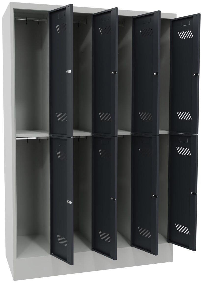 Pavoy Schließfach Spind mit Sockel 1850 x 1200 x 500 mm - 8 Abteile mit Zylinderschloss - RAL 7035 | 7016 Schließfach Schrank Stahl Fachbreite 300 mm mit Kleiderstange - Korpus lichtgrau | Türen anthrazitgrau (PA-60260-423-431-735716) Bild-01