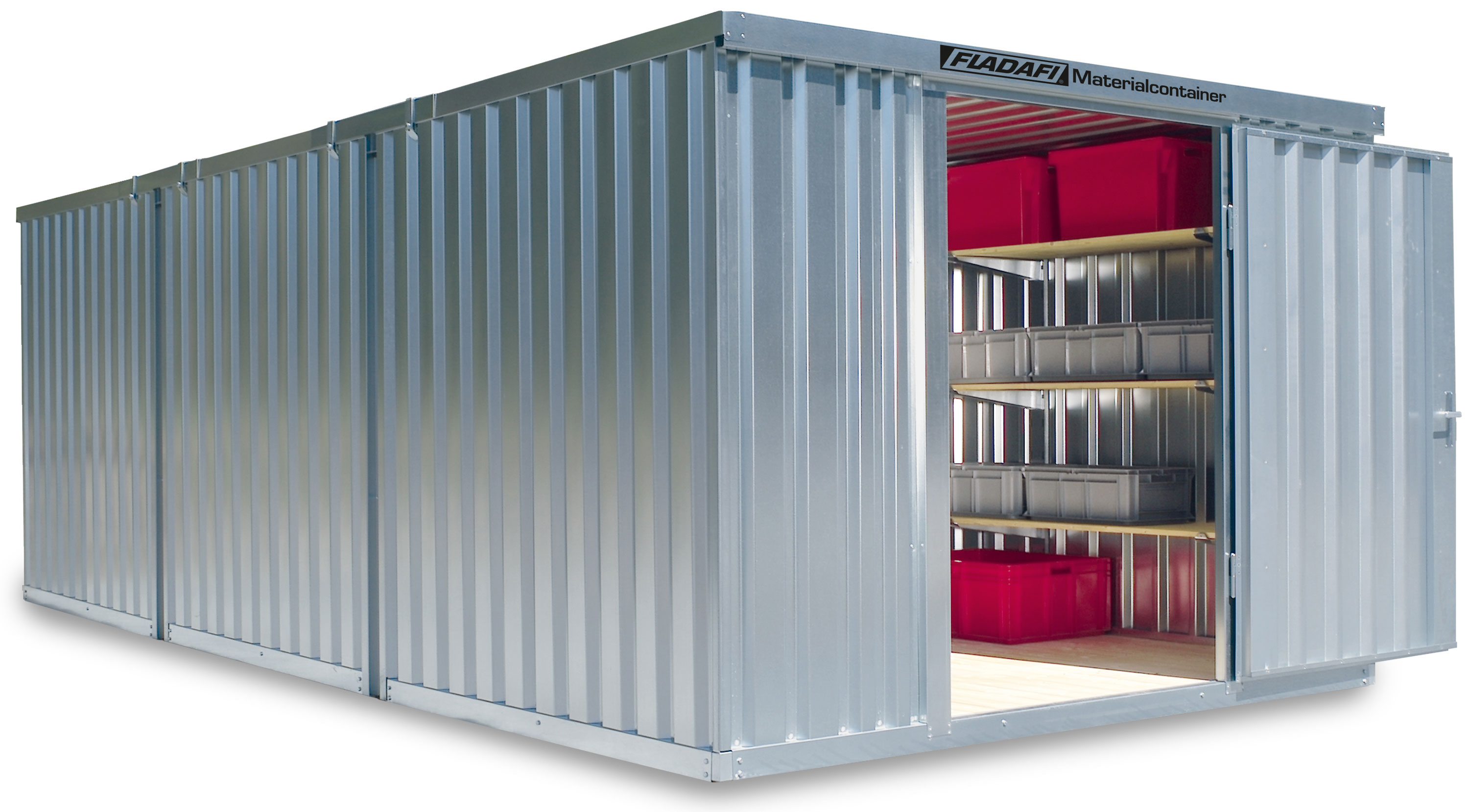 FLADAFI Materialcontainer Kombination 3050 x 6520 x 2150 mm mit Holzboden - 1-flügelige Tür auf 3 m Seite Container MC 1360 mit Tür 1270 x 1890 mm - Container Kombi 18 m² - Lagercontainer unmontiert (SB-F13600101) Bild-01