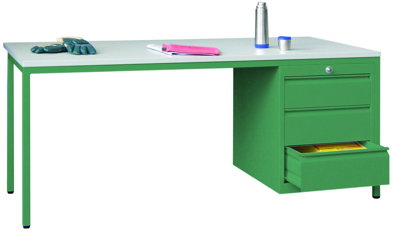 Pavoy Werkstatttisch Modell 006 - 1700 x 800 x 720 mm | mit 1 x 3 Schubladen - RAL 6011  Schreibtisch Stahl mit Multiplexplatte 25 mm - 1 Schubladenblock | Traglast 150 kg - Gestell resedagrün (PA-78785-170-006-611) Bild-01