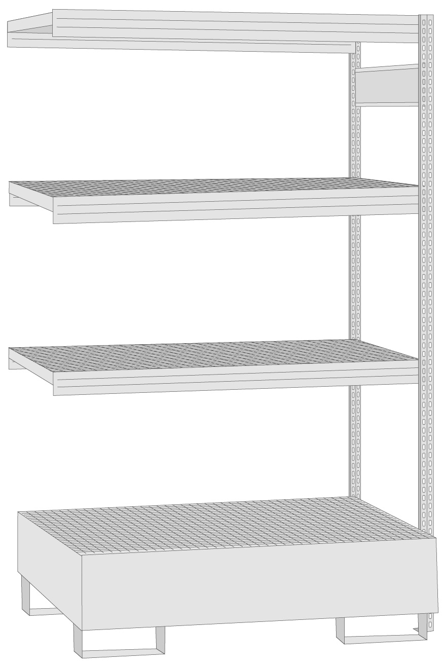 Regalwerk BERT Umweltregal Gitterrost | Auffangwanne Anbauregal 2000 x 1285 x 600 mm Regal mit Tiefenriegel - Fachlast 250 kg - 3 Gitterrostebenen - 1 Auffangwanne (RW-B3-65113-60) Bild-01
