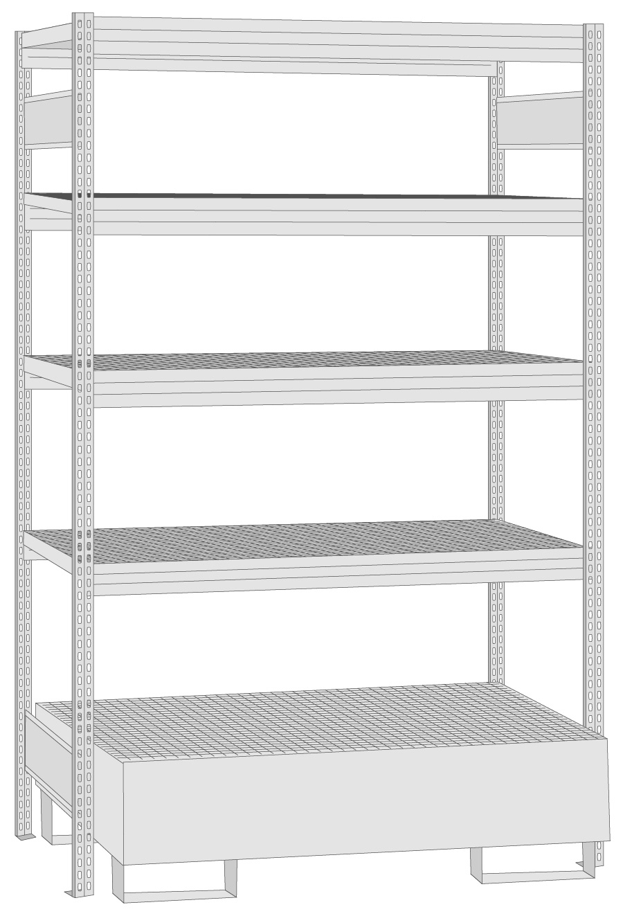 Regalwerk BERT Umweltregal Gitterrost | Auffangwanne Grundregal 2500 x 1285 x 600 mm Regal mit Tiefenriegel - Fachlast 250 kg - 4 Gitterrostebenen - 1 Auffangwanne (RW-B3-65212-60) Bild-01