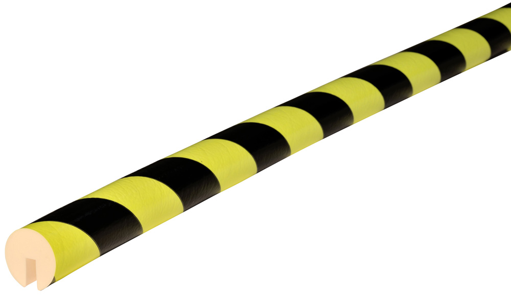 Knuffi Kantenschutzprofil Typ B Ø 40 mm neon | schwarz PU - 1,00 m Standard Warnschutz Profil Rundprofil mit U-Aussparung aus Polyurethan - Randprofil gestreift mit selbstklebenden Kanten (SM-PB-10711) Bild-01