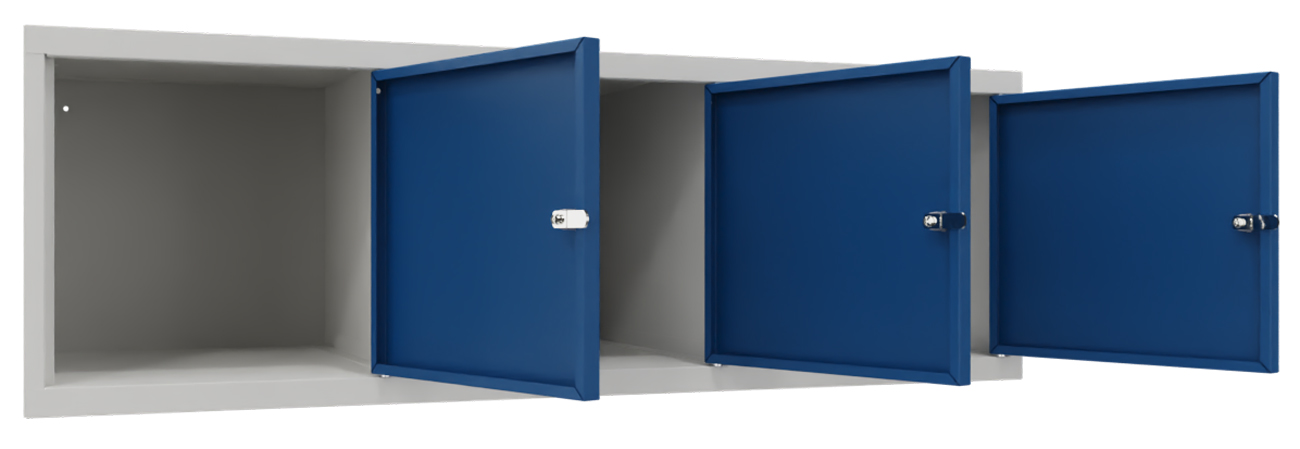 Pavoy Spind Aufsatz 395 x 1200 x 500 mm - 3 Abteile mit Drehriegel - RAL 7035 | 5010 Garderobenschrank Aufsatz Stahl Fachbreite 400 mm - Korpus lichtgrau | Türen enzianblau (PA-63268-314-002-735510) Bild-01
