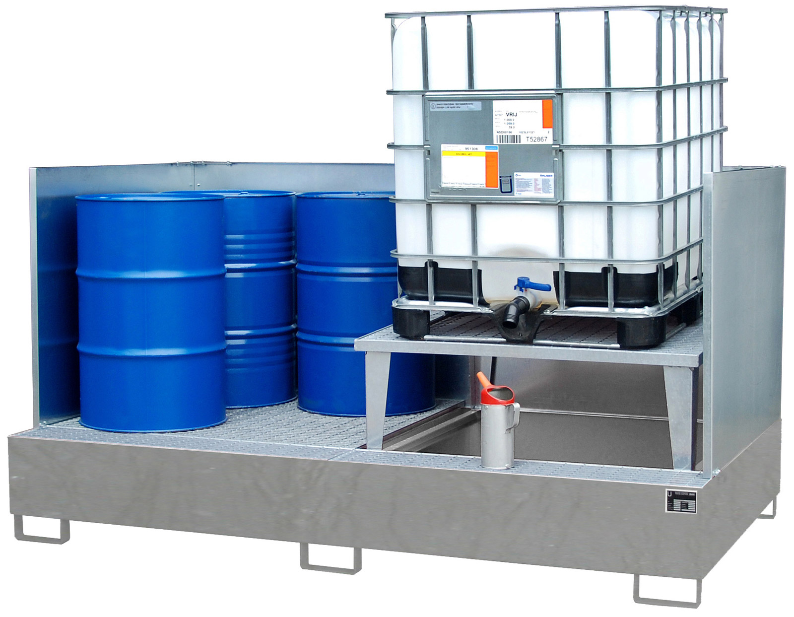 Bauer Auffangwanne Stahl AWA 21|SW - verzinkt Gefahrstoffwanne verzinkt mit Abfüllbock, Gitterrost und Spritzschutzwand - Stahlwanne mit 1000 Liter Auffangvolumen (BA-4402-80-2000-7) Bild-01