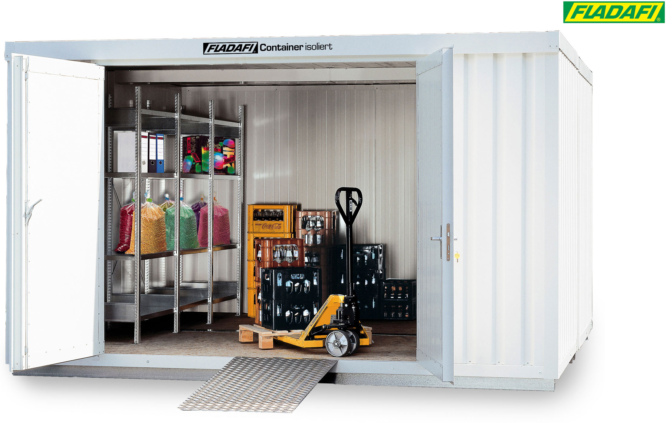 FLADAFI Thermocontainer Kombination 3050 x 4340 x 2465 mm mit isoliertem Boden - 2-flügelige Tür breit auf 3 m Seite Container isoliert IC Pro 1340 mit Tür 2400 x 2090 mm - Materialcontainer 12 m² - Lagercontainer teilmontiert (SB-F2222310301) Bild-01