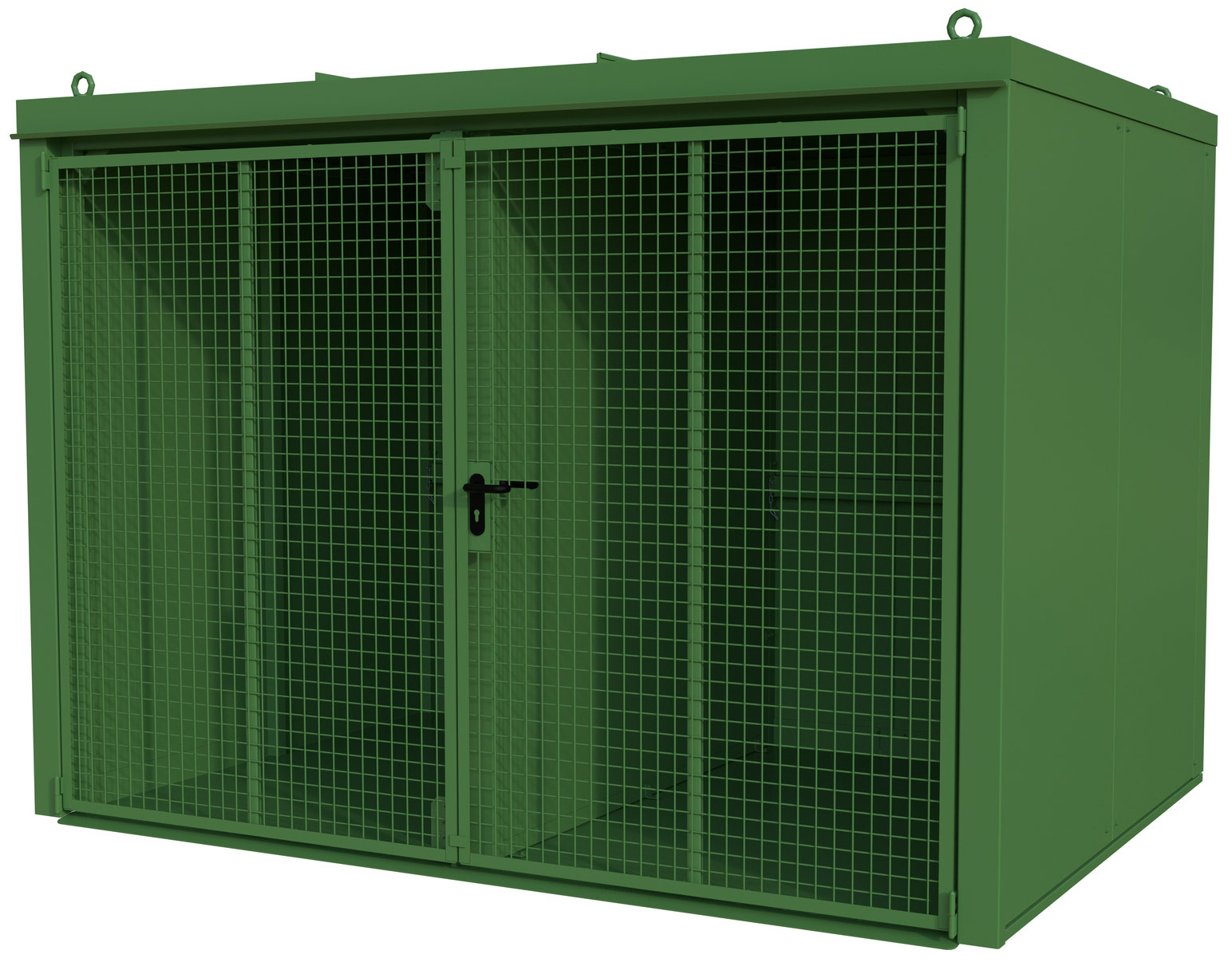 Bauer Gasflaschen-Container Stahl GFC-B|W M5 - RAL 6011 Gasflaschenlager resedagrün pulverbeschichtet mit F90 Trennwand, Tränenblechboden und Doppelflügeltor - Stahlschrank für 95 Flasche Ø 230 mm (BA-4477-35-1000-4) Bild-01