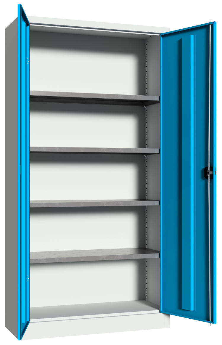 Pavoy Flügeltürenschrank mit Vollblechtüren 1950 x 1000 x 400 mm - 4 Fachböden verzinkt - RAL 7035 | 5012 Werkstattschrank Stahl mit Fachböden 983 x 365 mm - Korpus lichtgrau | Türen lichtblau | Böden verzinkt (PA-31310-100-400-735512) Bild-01