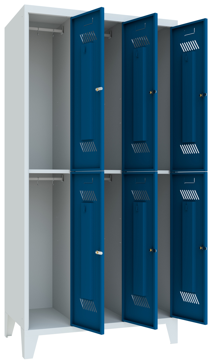 Pavoy Schließfach Spind mit Füßen 1850 x 900 x 500 mm - 6 Abteile mit Zylinderschloss - RAL 7035 | 5010 Schließfach Schrank Stahl Fachbreite 300 mm mit Kleiderstange - Korpus lichtgrau | Türen enzianblau (PA-60260-323-031-735510) Bild-01