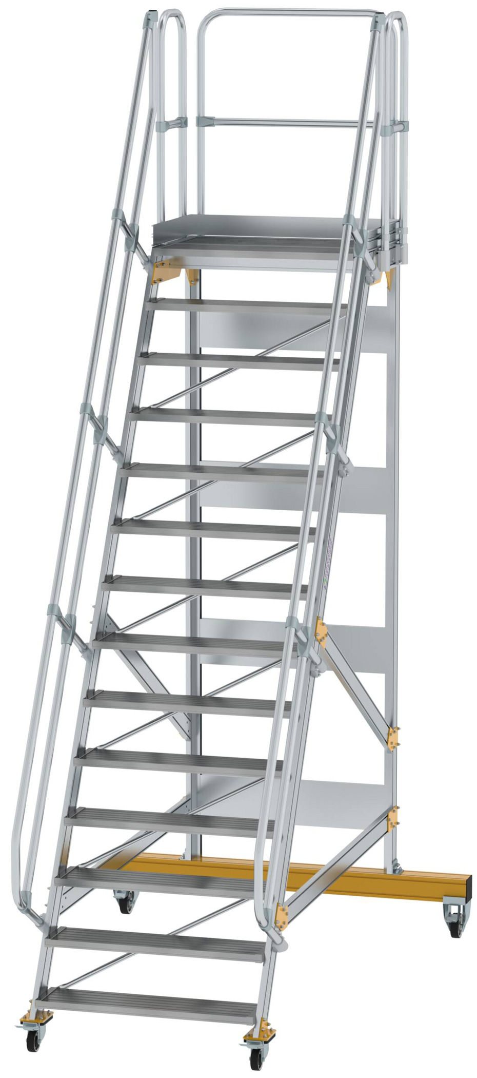 Günzburger Podesttreppe fahrbar 60° 14 Stufen - 1000 mm breit Alutreppe fahrbar mit Umlaufgeländer - Stufenausführung Alu gerieft (GB-600754) Bild-01
