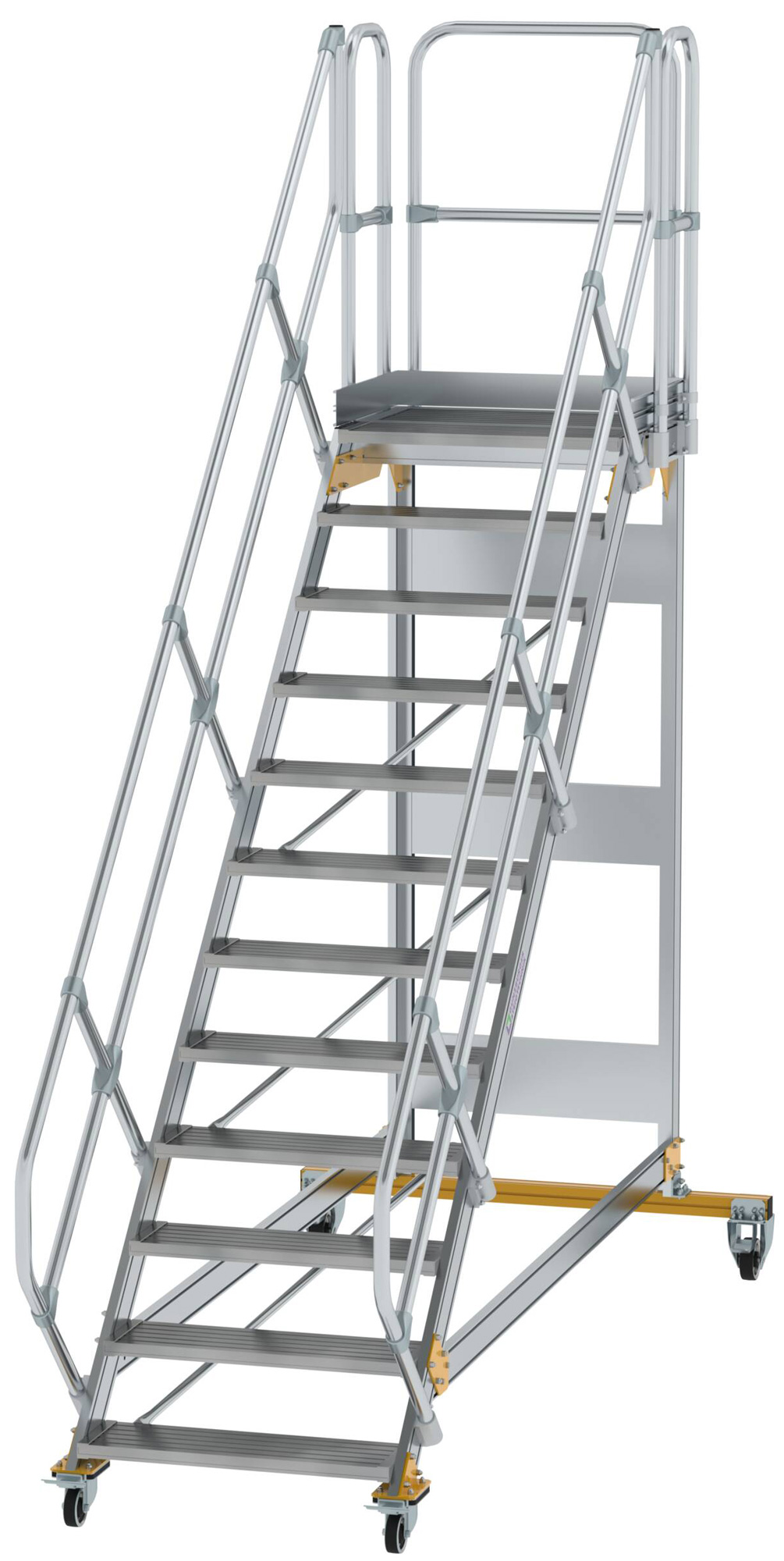 Günzburger Podesttreppe fahrbar 45° 12 Stufen - 800 mm breit Alutreppe fahrbar mit Umlaufgeländer - Stufenausführung Alu gerieft (GB-600792) Bild-01
