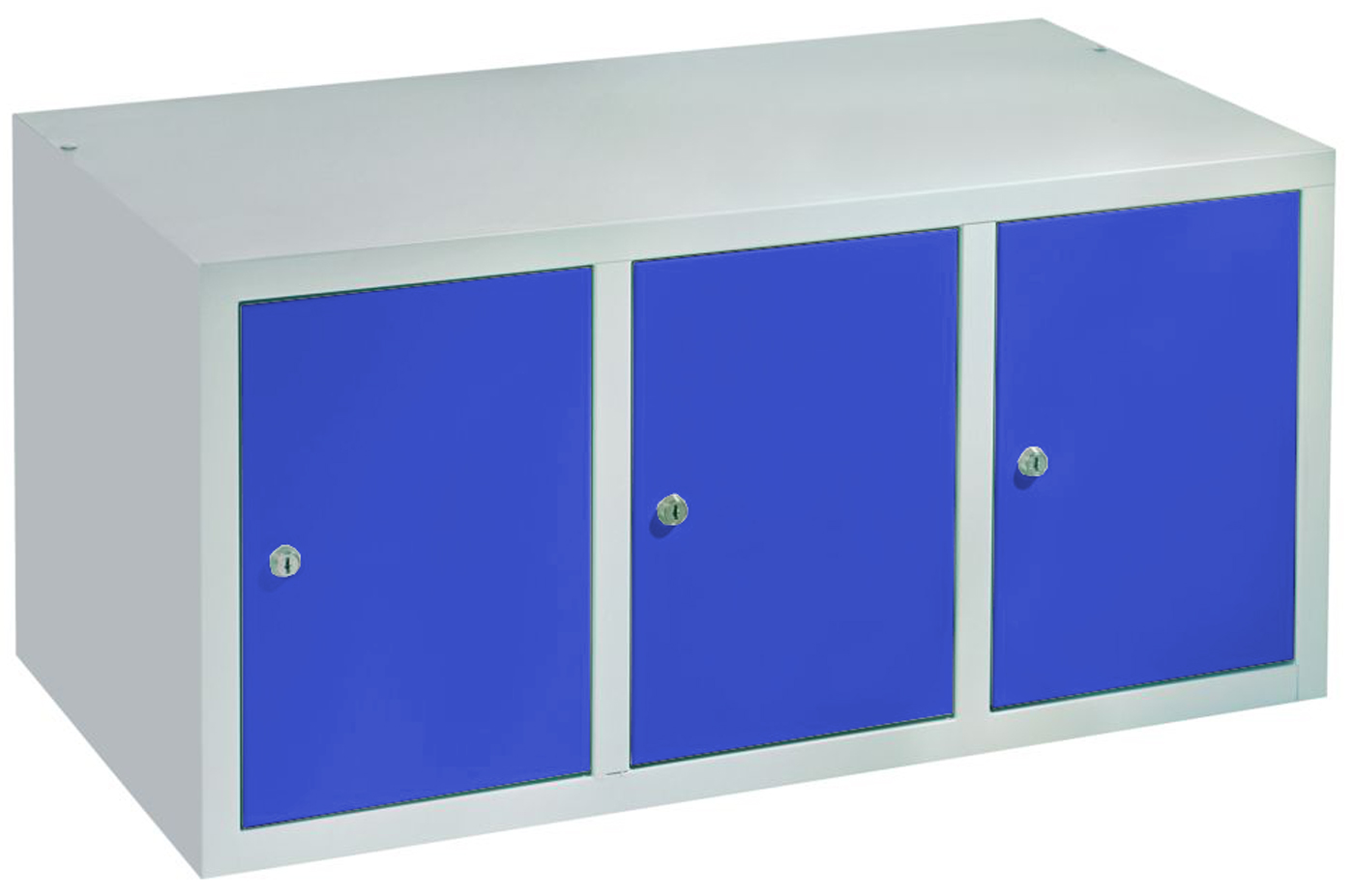 Pavoy Spind Aufsatz 395 x 900 x 500 mm - 3 Abteile mit Zylinderschloss - RAL 7035 | 5010 Garderobenschrank Aufsatz Stahl Fachbreite 300 mm - Korpus lichtgrau | Türen enzianblau (PA-63268-313-001-735510) Bild-01