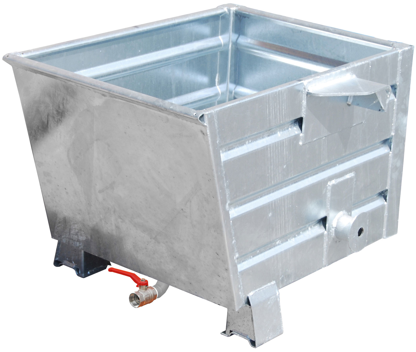 Bauer Späne-Stapelkippbehälter BSL-30 - verzinkt Kippmulde 300 Liter für Stapler mit Ablasshahn und Lochblechboden - Schuttmulde Stahl verzinkt (BA-4420-15-0000-7) Bild-01