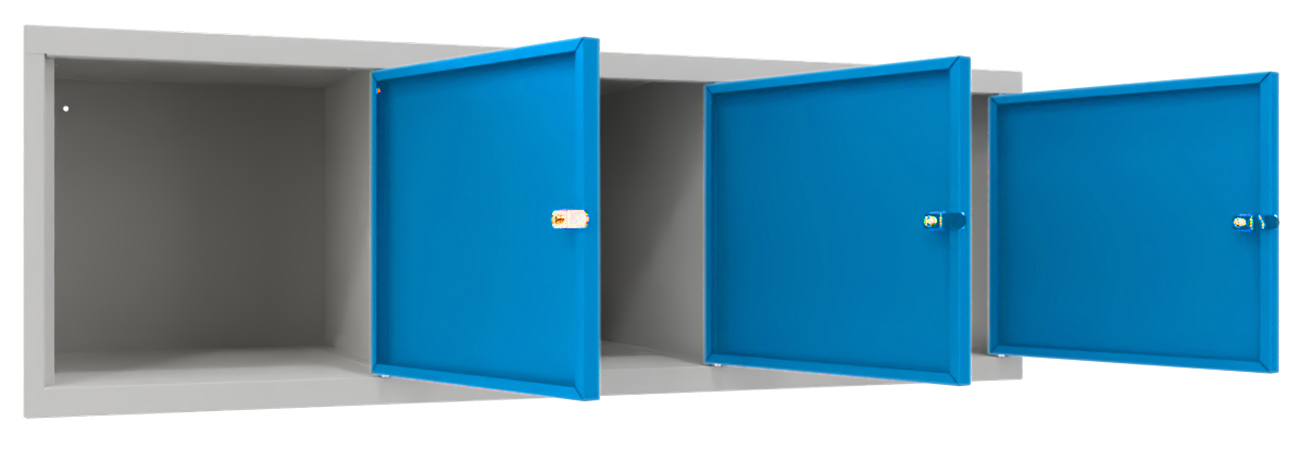 Pavoy Spind Aufsatz 395 x 1200 x 500 mm - 3 Abteile mit Drehriegel - RAL 7035 | 5012 Garderobenschrank Aufsatz Stahl Fachbreite 400 mm - Korpus lichtgrau | Türen lichtblau (PA-63268-314-002-735512) Bild-01