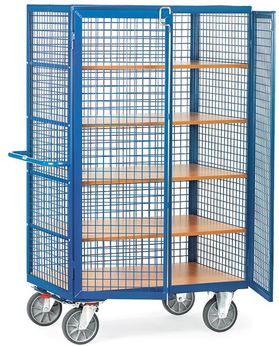 Fetra Drahtkastenwagen mit fünf Holzböden und Stangenverschluss 1200 x 780 mm