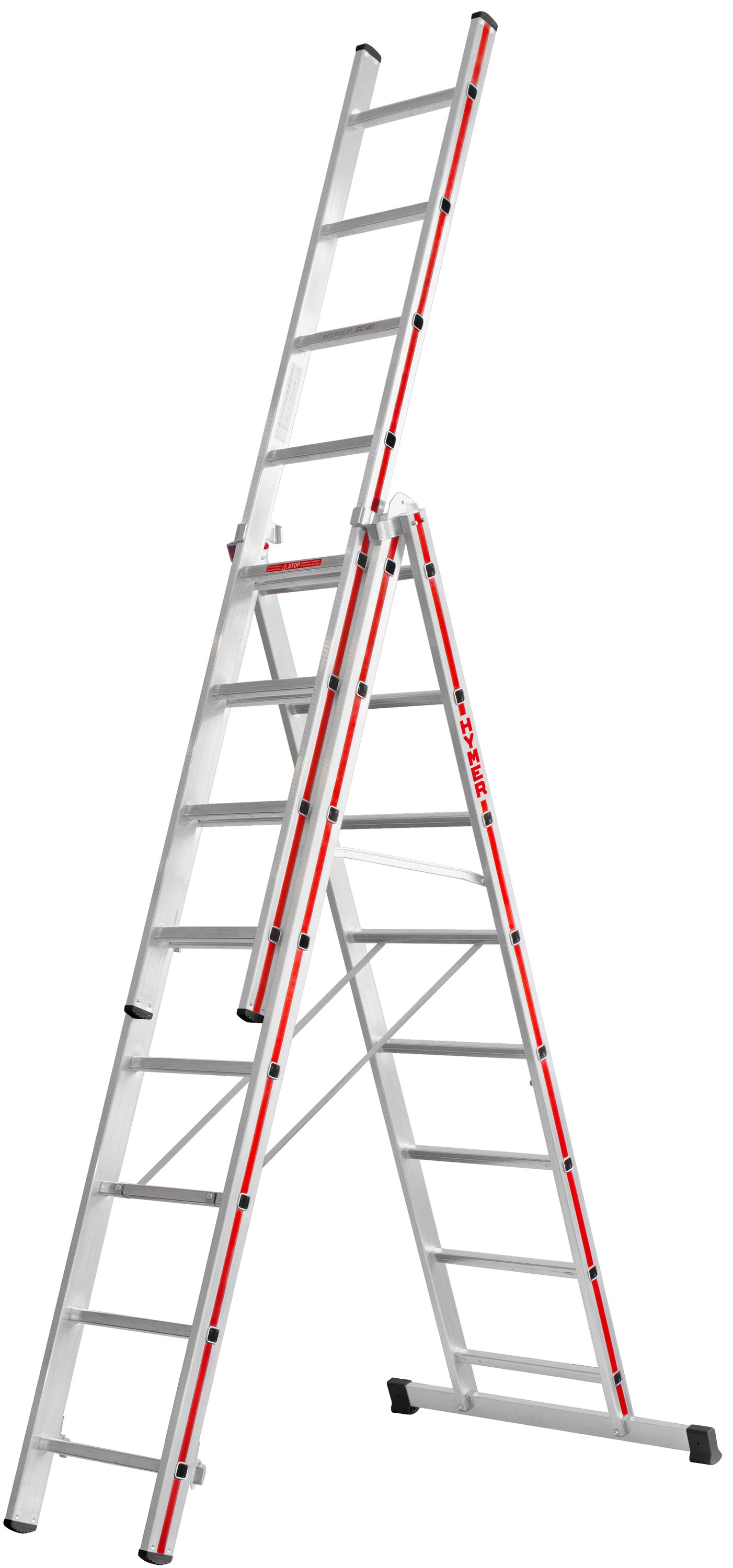 Hymer Mehrzweckleiter 3-teilig mit Traverse SC 40 Alu 3x8 Sprossen Aluleiter mit Traverse - Handwerkerprogramm (HY-404724) Bild-01