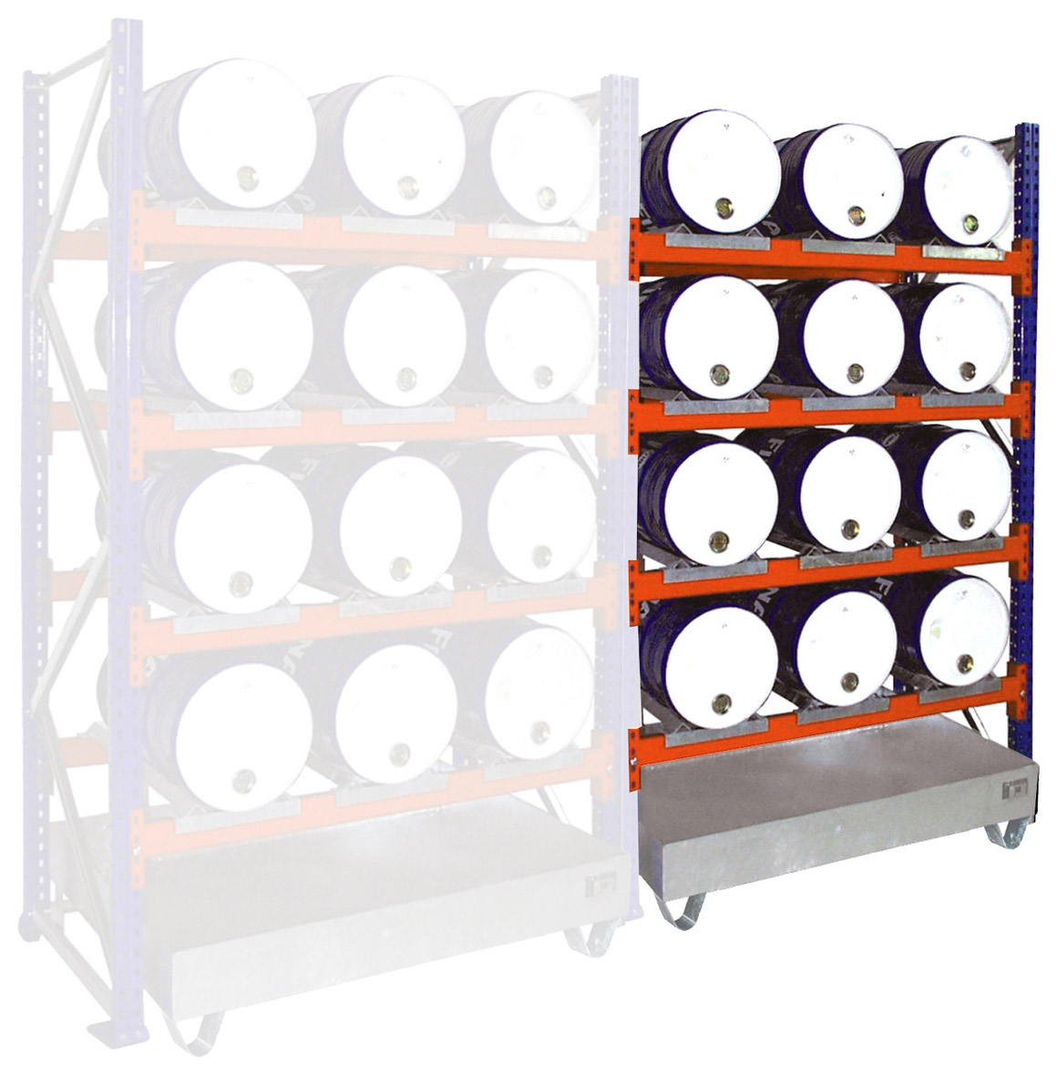 Bauer Fassregal Stahl Serie 3007 Anbaufeld 2500 x 1430 x 800 mm - 4E|AW 60 Gefahrstoffregal pulverbeschichtet - Lagerung 12 x 60 l Fass liegend - Auffangwanne verzinkt ohne Gitterrost (BA-4473-10-0000-7) Bild-01