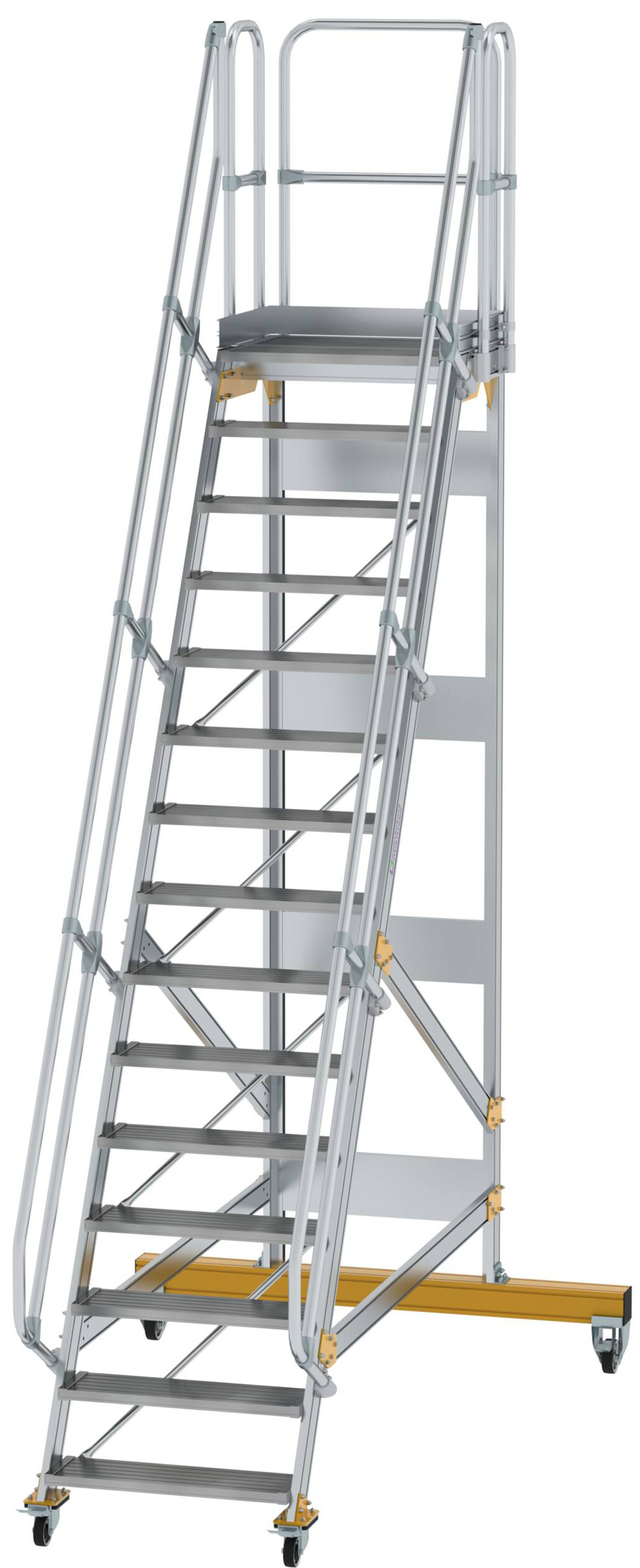 Günzburger Podesttreppe fahrbar 60° 15 Stufen - 800 mm breit Alutreppe fahrbar mit Umlaufgeländer - Stufenausführung Alu gerieft (GB-600735) Bild-01