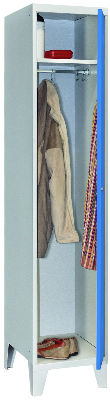 Pavoy Spind mit Füßen 1850 x 400 x 500 mm - 1 Abteil mit Zylinderschloss - RAL 7035 | 5012 Garderobenschrank Stahl Fachbreite 400 mm mit Hutboden und Kleiderstange - Korpus lichtgrau | Türen lichtblau (PA-60201-114-031-735512) Bild-01