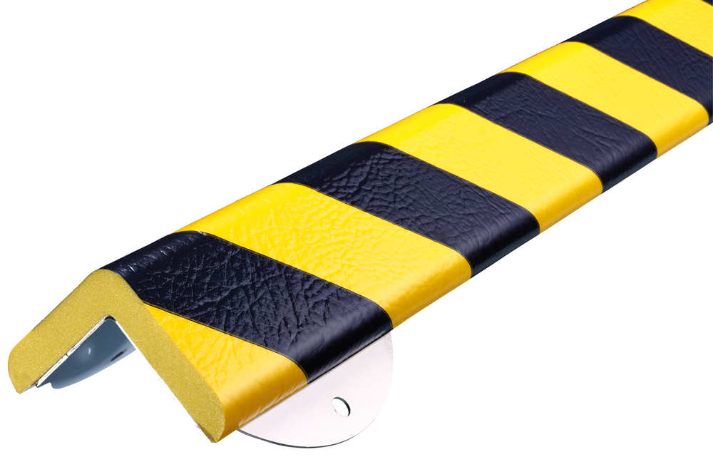 Knuffi Schutzprofil Kit Typ H+ 60 x 60 mm gelb | schwarz PU - 1,00 m Warnschutz Profil L-Winkel aus Polyurethan - Eckprofil gestreift mit Befestigungswinkel Edelstahl (SM-WPH-15717) Bild-01