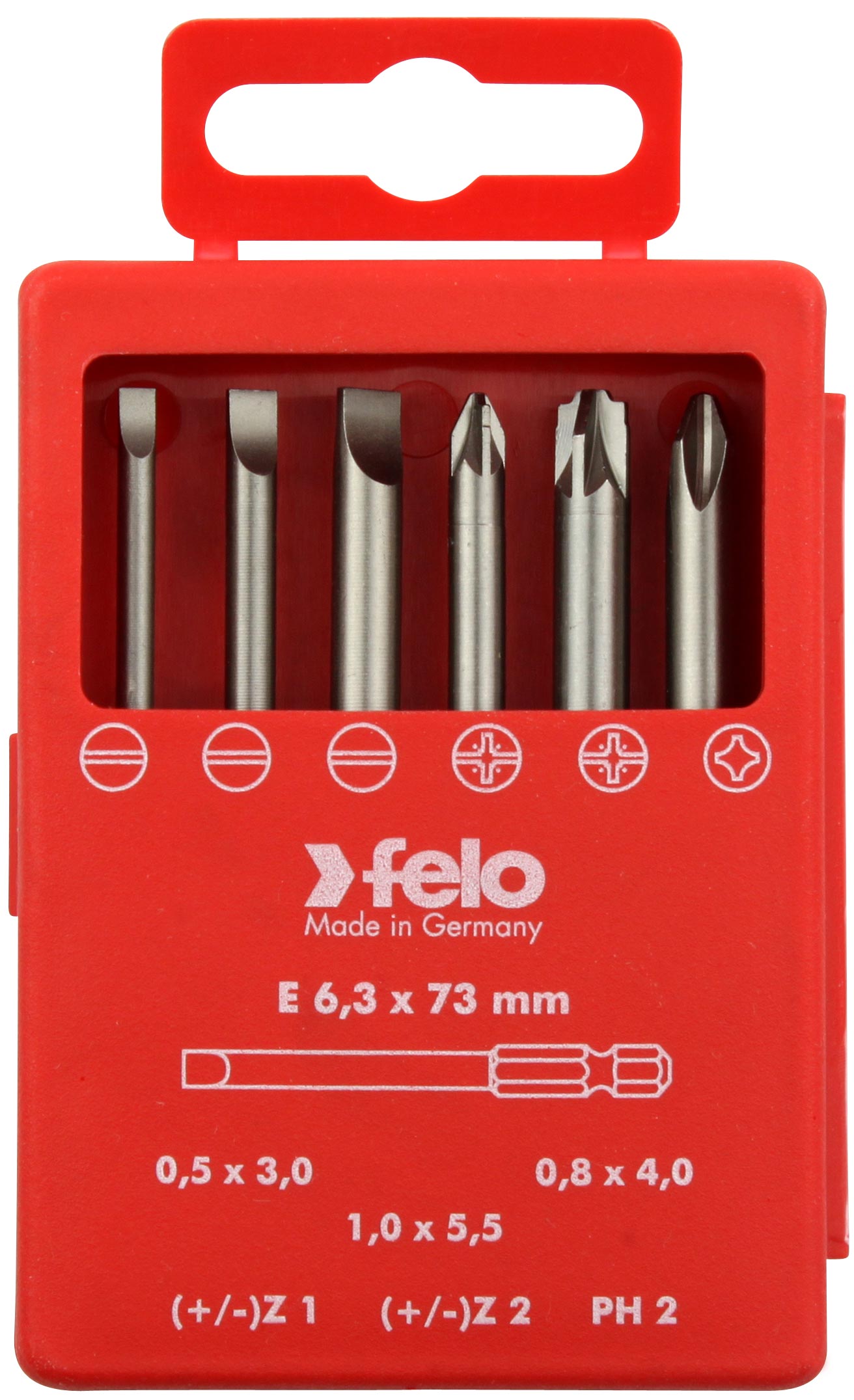 Felo Profi Bit-Box 6-teilig Industrie E 6,3 x 73 mm Schlitz SL | PlusMinus Z | Kreuzschlitz PH Bit Set - SL 3,0 | SL 4,0 | SL 5,5 | Z 1 | Z 2 | PH 2 (FL-03192716) Bild-01